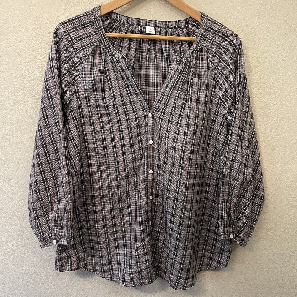 Old Navy Summer Plaid Peasant Cotton Top Button Up 3/4 Sleeves Light Size M